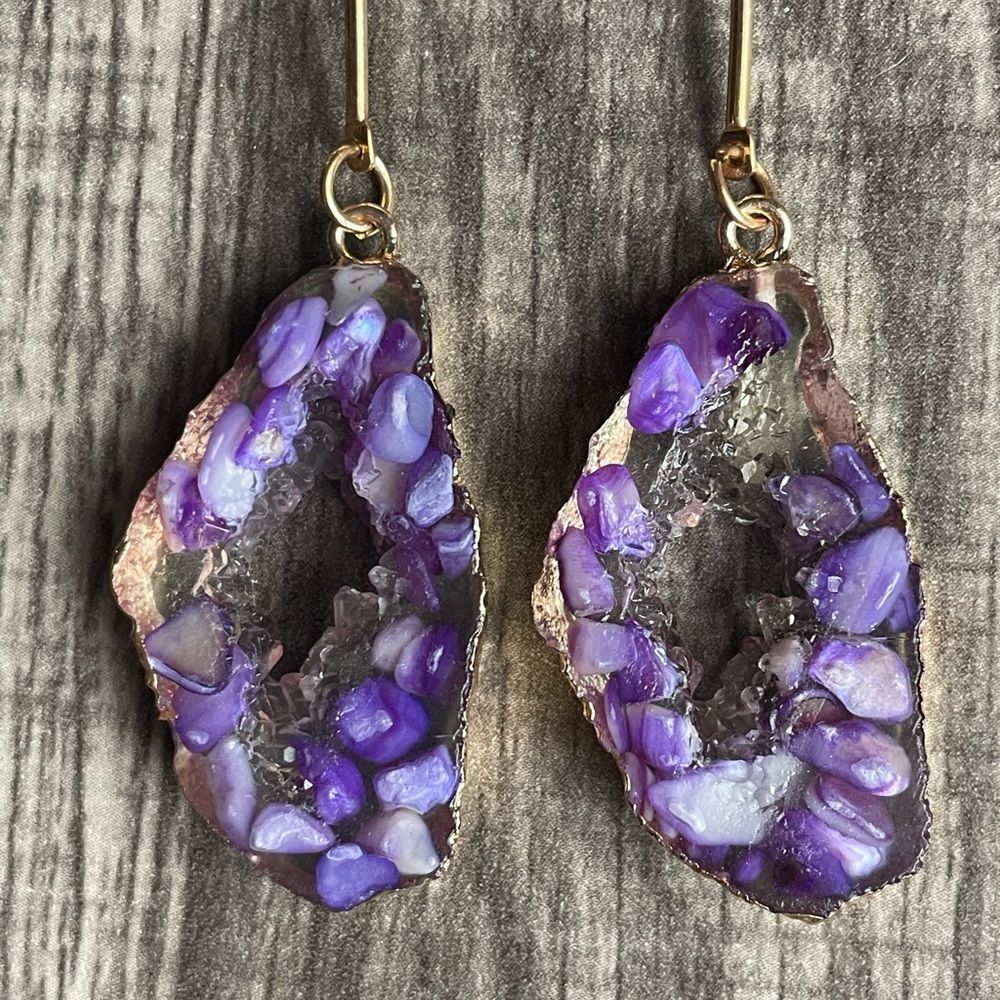 Purple Shell Chips in Resin Earrings Agate Shape